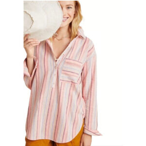Anthropologie Maeve Lida Linen Cotton Popover Top Blouse in‎ Pink Stripes, Small